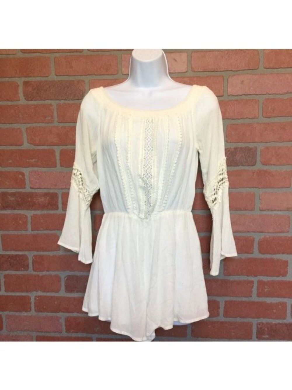 Lush Romper Shorts White Lace Detail Coastal Cowgirl Bell Sleeve Size S